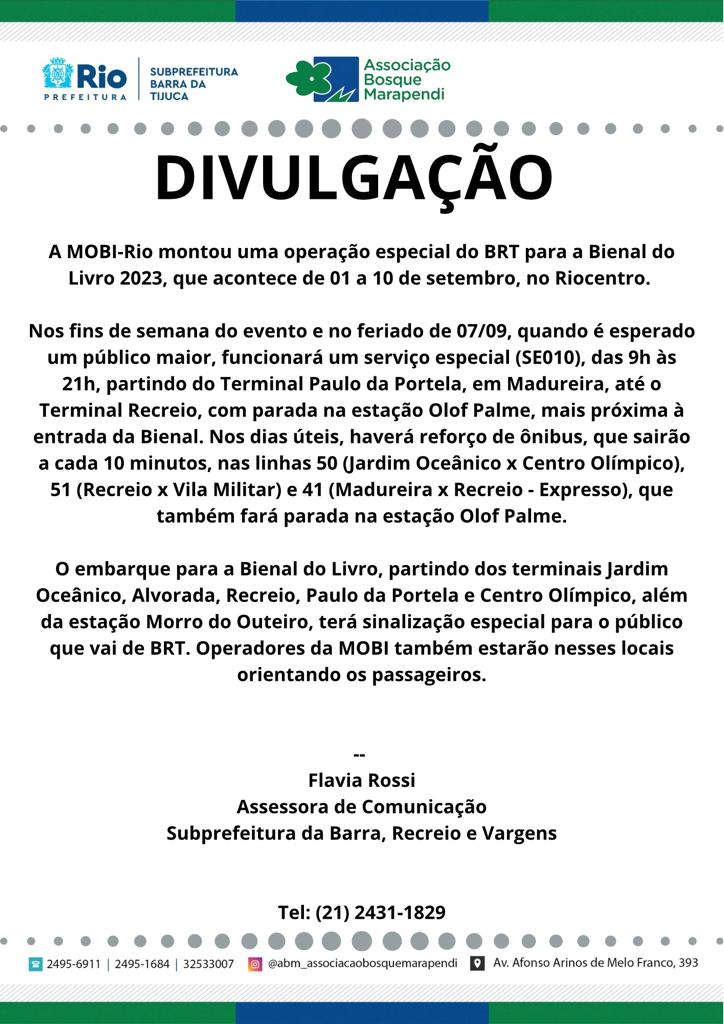 operação especial do BRT para a Bienal do Livro 2023, que acontece de 01 a 10 de setembro, no Riocentro. 